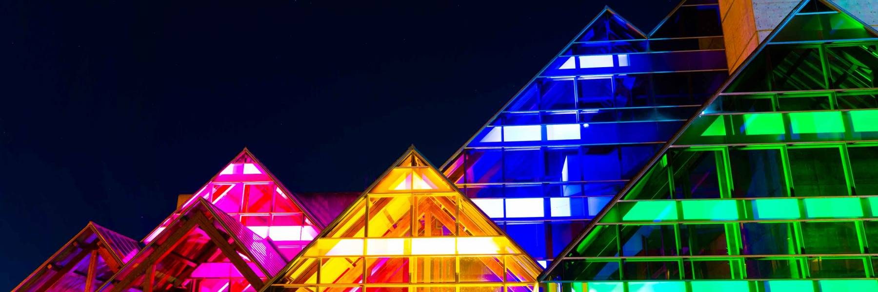 Picture of Hult Center's exterior in various colors