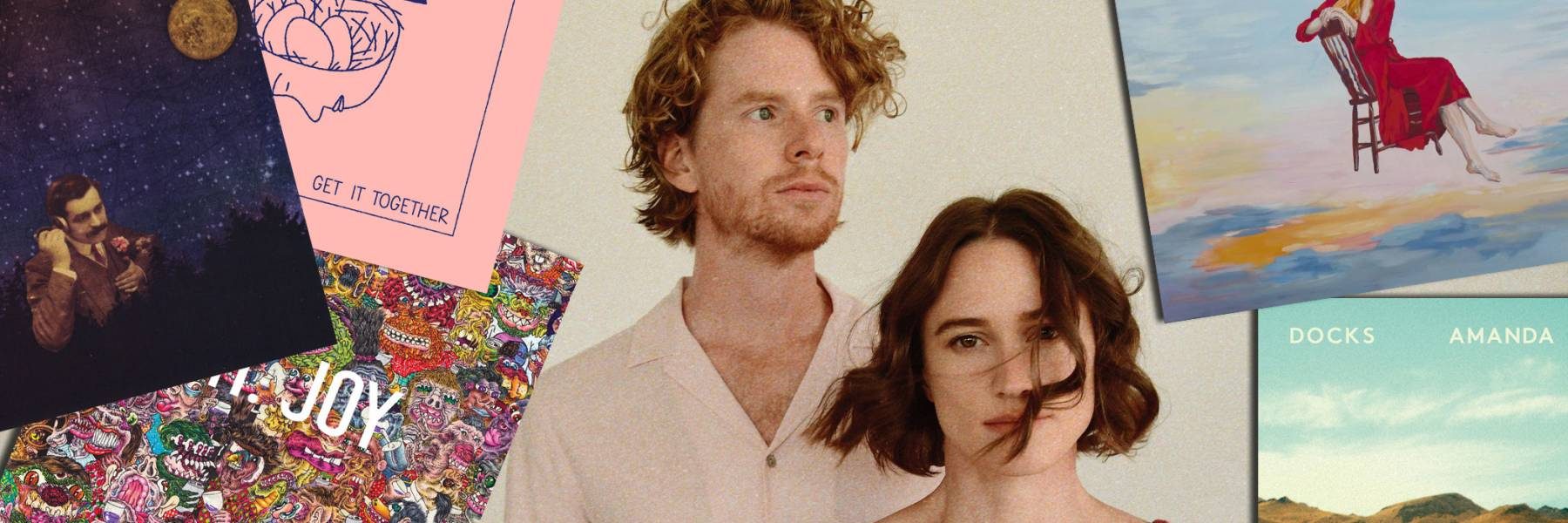 Image of a man and a woman, The Ballroom Thieves surrounded by album covers