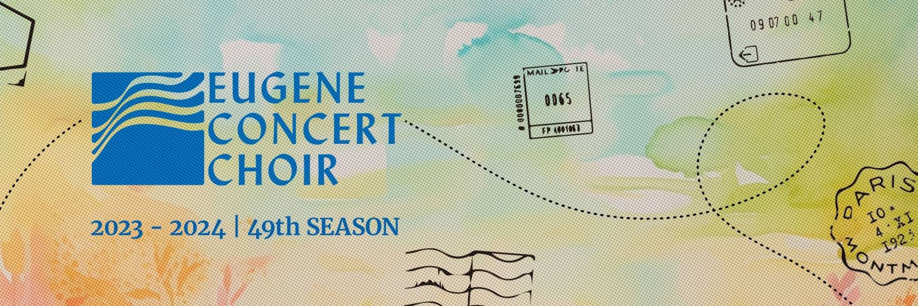 A textured image of the sky and flowers on the bottom with Eugene Concert Choir logo and text 